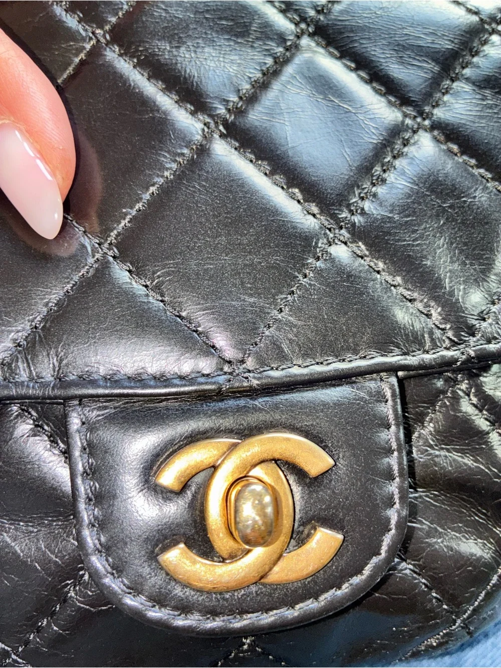 Chanel Black Quilted Glazed Lambskin Crossbody Bag with Aged Gold-Tone Hardware